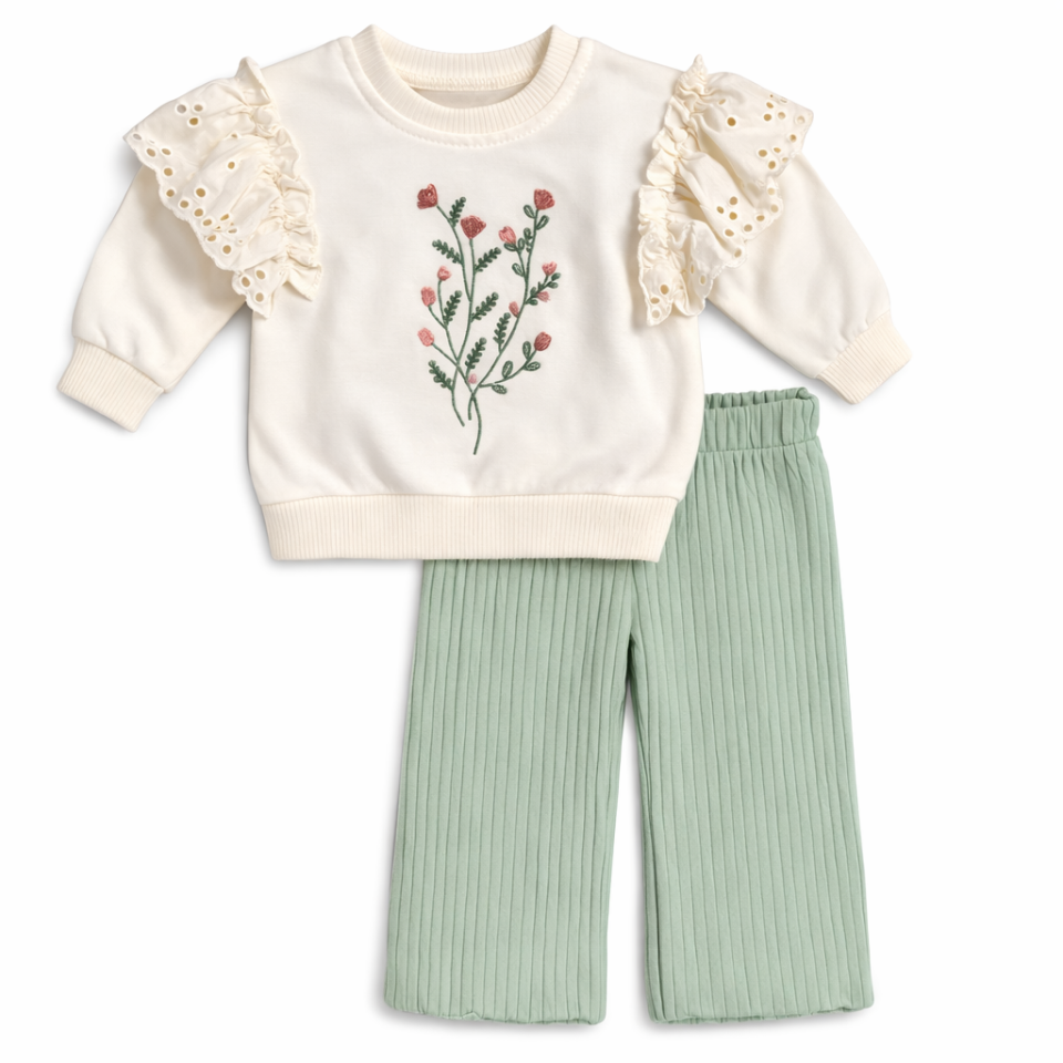 Kız Bebek Pembe Fırfır Detaylı 2’li Takım – Çiçek Nakışlı Sweatshirt & Ribana Pantolon