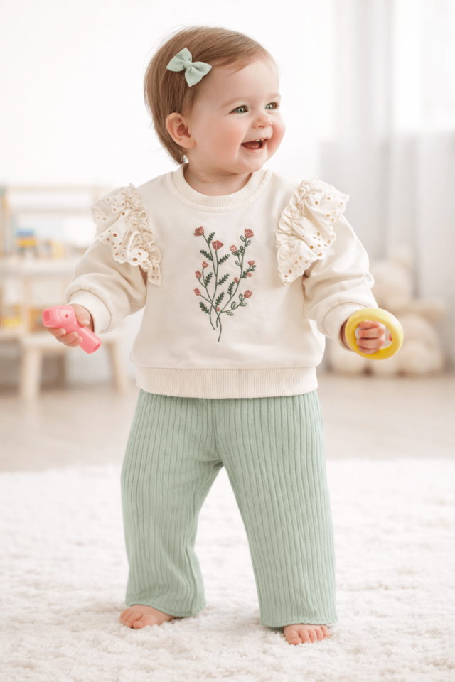 Kız Bebek Fırfır Detaylı 2’li Takım – Çiçek Nakışlı Sweatshirt & Ribana Pantolon