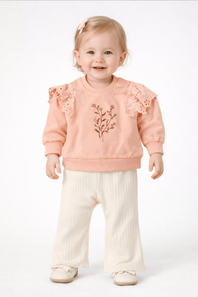 Kız Bebek Fırfır Detaylı 2'li Takım -Çiçek Nakışlı Sweatshirt &Ribana Pantolon