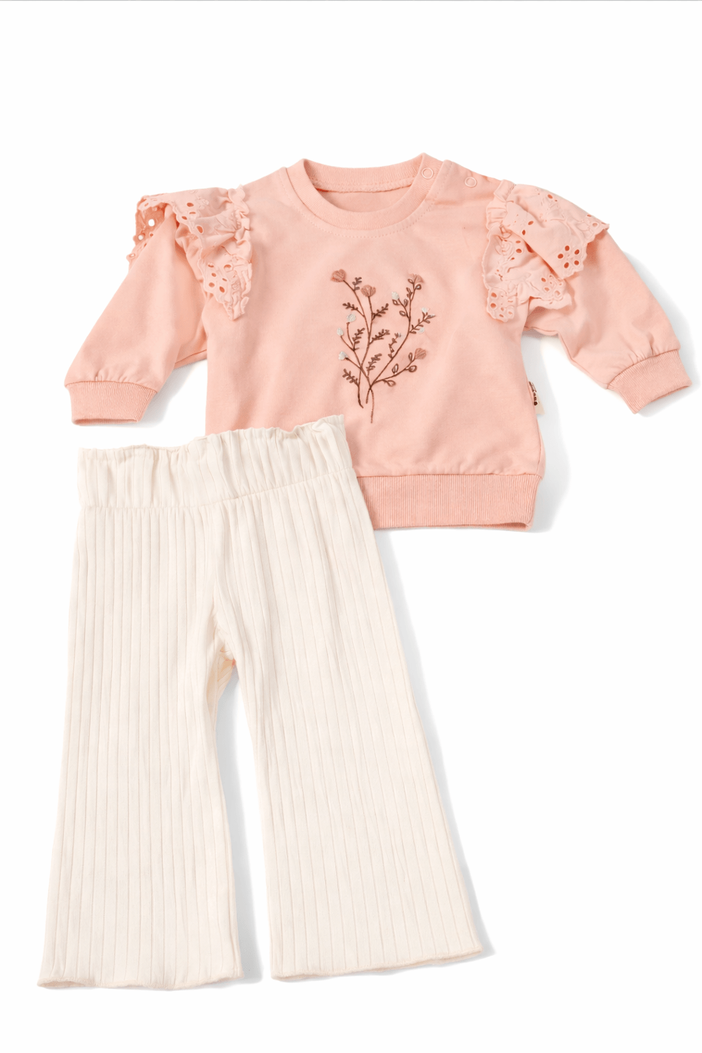 Kız Bebek Fırfır Detaylı 2'li Takım -Çiçek Nakışlı Sweatshirt &Ribana Pantolon