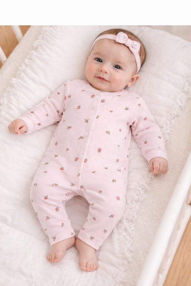 Pembe Fitili Ribana Esnek Kumaş Kız Bebek Tulumu