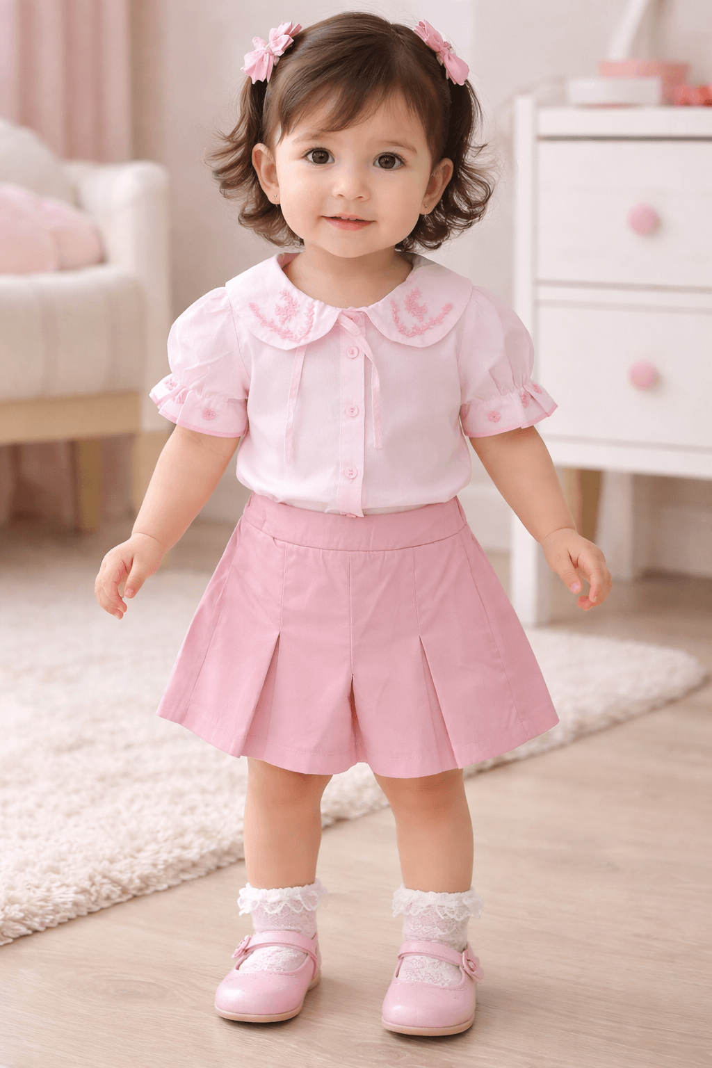 Pembe Nakış Detaylı Kız Bebek Takım – Şortlu 2’li Yazlık Bebek Kombini (0-3 Yaş)