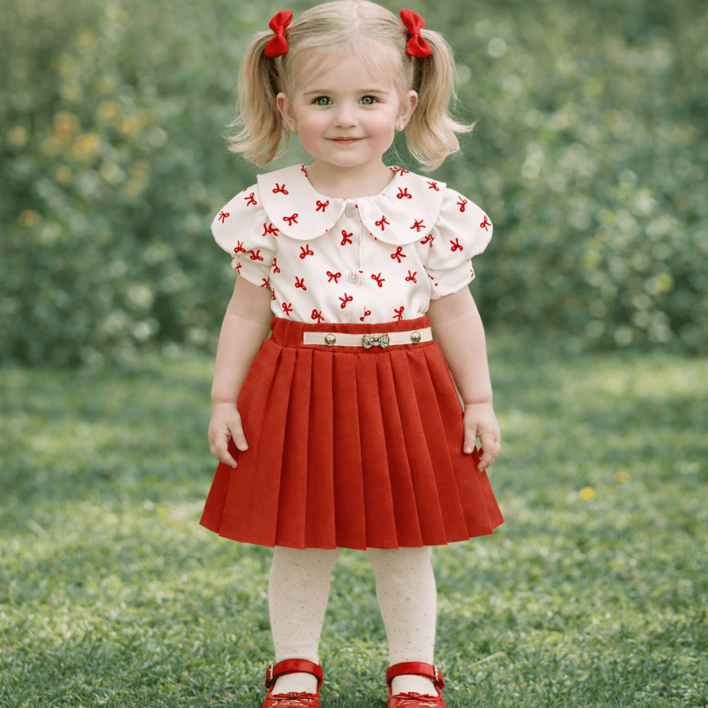 Kız Çocuk Kısa Kollu Gömlek Pilise Etek Takım Kırmızı Fiyonk Detaylı