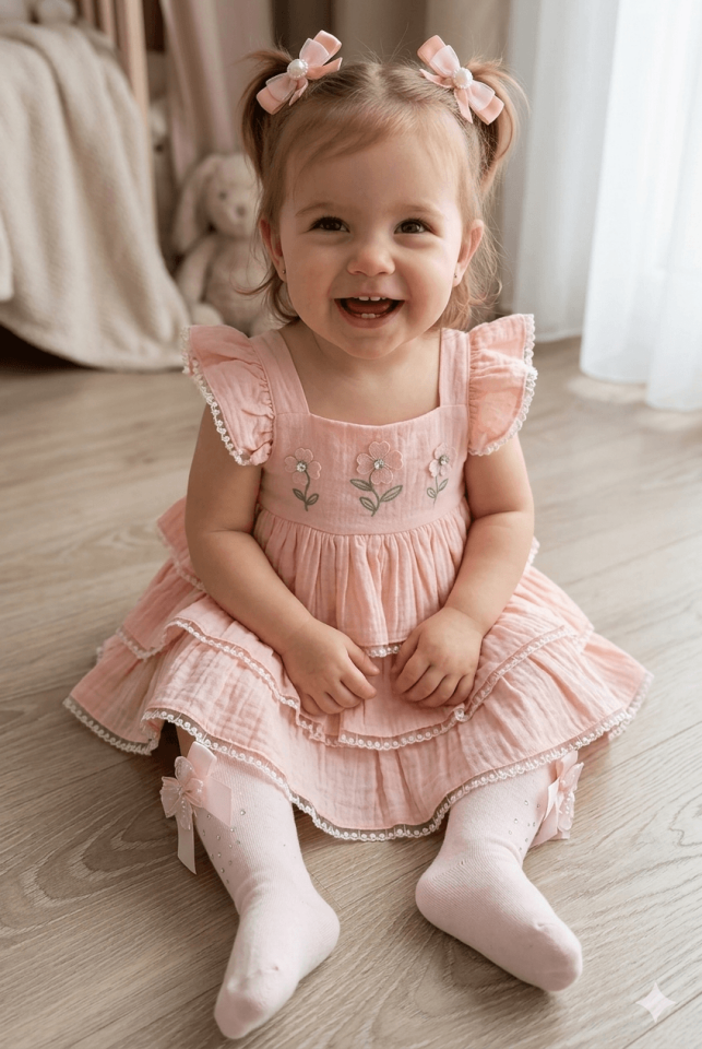 Kombin Kız Bebek Somon Kat Kat Fırfırlı Elbise –%100 Pamuklu Müslin Terletmeyen  Nakışlı Şık Tasarım (0-12Ay)(Kopya)