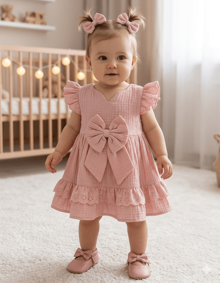 BabyHasmini Kız Bebek Pudra Pembe Fiyonklu Elbise