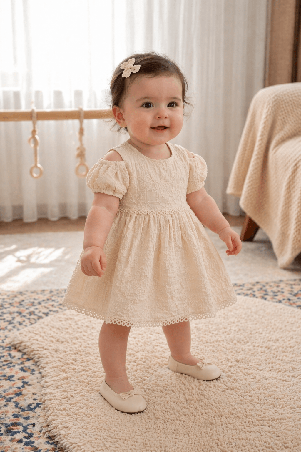 Kız Bebek Krem Dantel Elbise – 0-12 Ay Şık ve Zarif Bebek Elbisesi