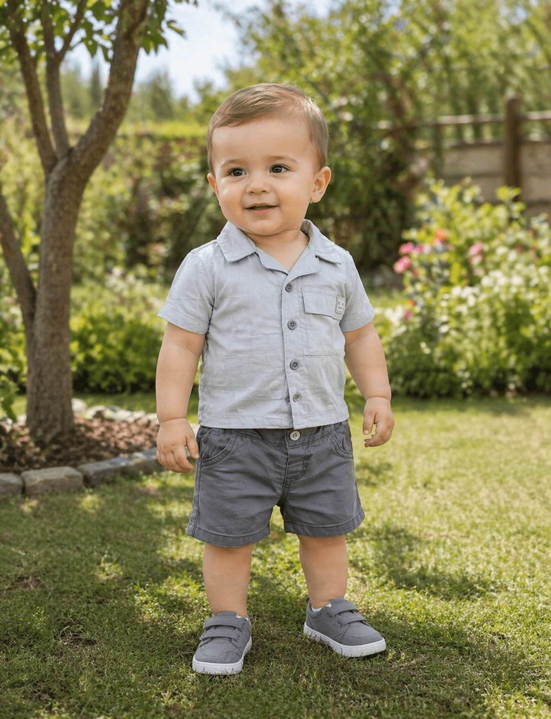 Erkek Bebek Gömlek Şort Takım Gri – %100 Pamuk Yazlık Bebek Takımı (1-2 Yaş)