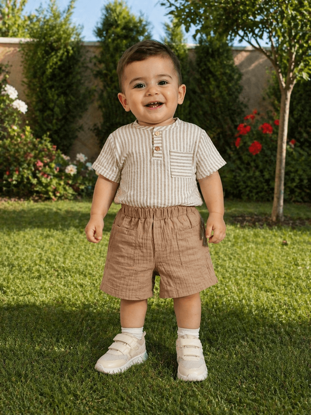 Erkek Bebek Çizgili Tişört Şort Takım Bej – %100 Pamuk Yazlık Rahat Bebek Kombini (1-3 Yaş)
