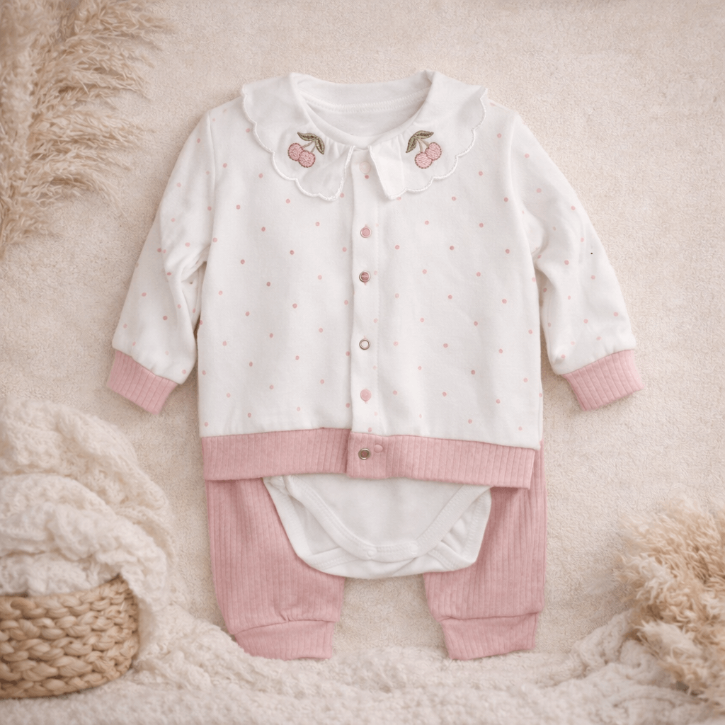 Pembe Puantiyeli 3'lü Hırka Zıbın Seti -Hastane Çıkışı