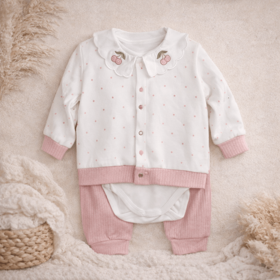 Pembe Puantiyeli 3'lü Hırka Zıbın Seti -Hastane Çıkışı