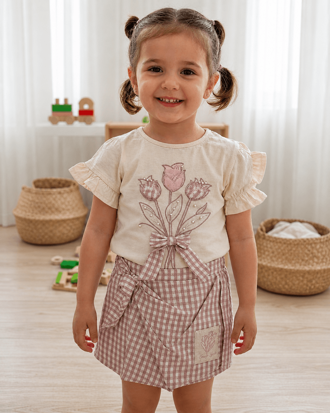 Kız Bebek Çiçek Nakışlı Fırfırlı Bluz & Ekose Şort Etek Takımı