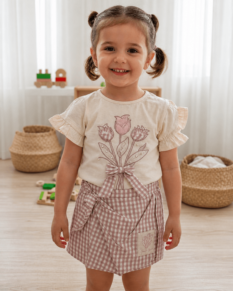 Kız Bebek Çiçek Nakışlı Fırfırlı Bluz & Ekose Şort Etek Takımı