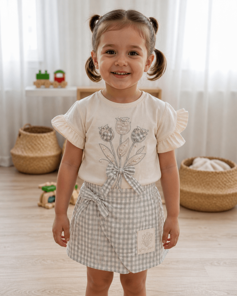 Kız Bebek Çiçek Nakışlı Fırfırlı Bluz & Ekose Şort Etek Takımı