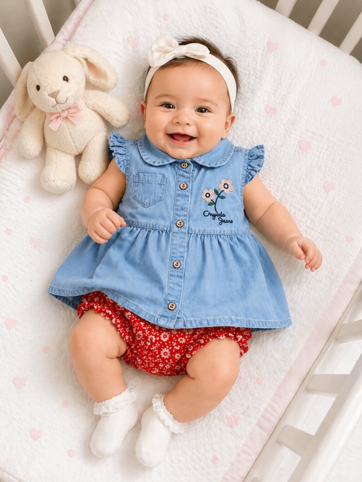 Kız Bebek Çiçek Nakışlı Kot Tunik ve Şort Takımı