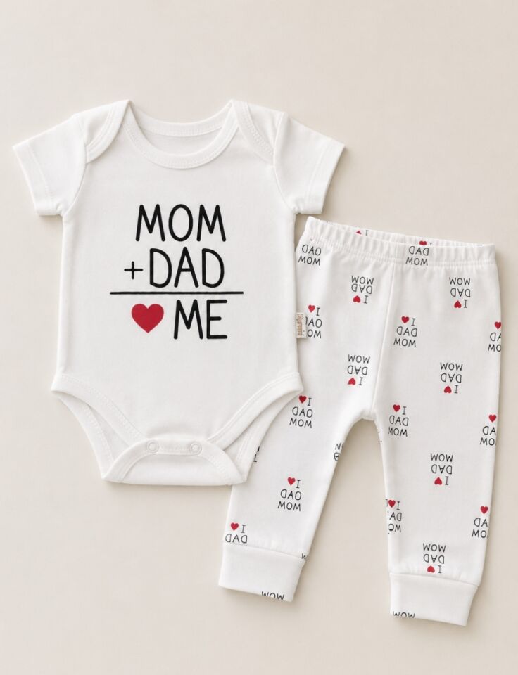 İkili Mom Dad yazılı çıtçıtlı body Takım