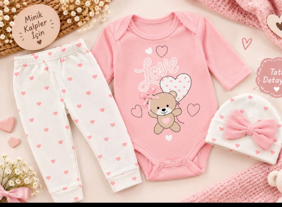 Puantiyeli Üçlü kız bebek takımı