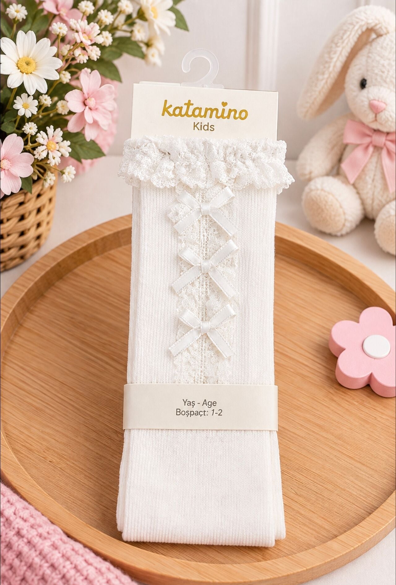 Dantelli Fiyonklu Kısa Çorap – 1-2 Yaş Krem