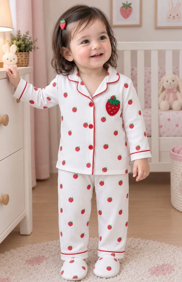 Çilekli Pijama Terlik Takımı